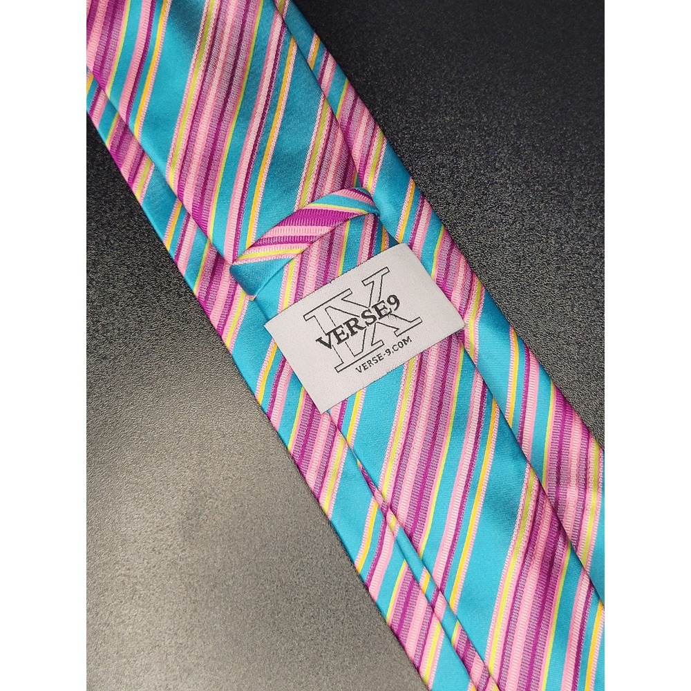 Verse 9 Necktie Teal Pink Purple Diagonal Stripe Silk Excellent